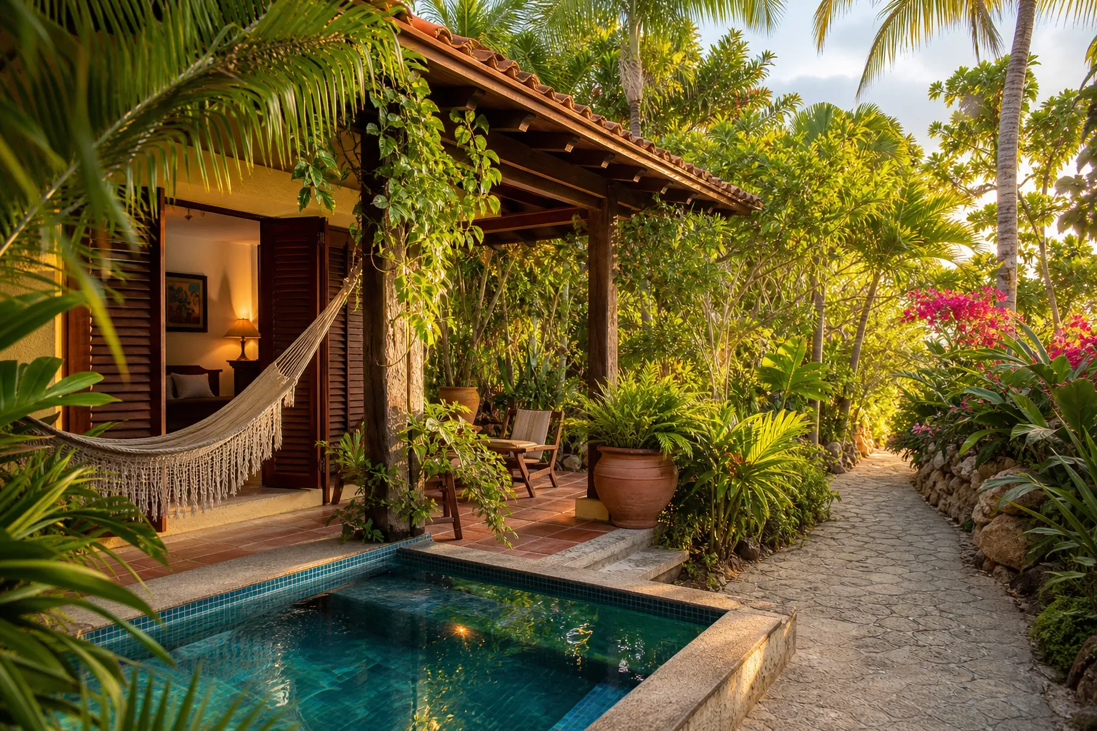 Garden villa with shaded terrace